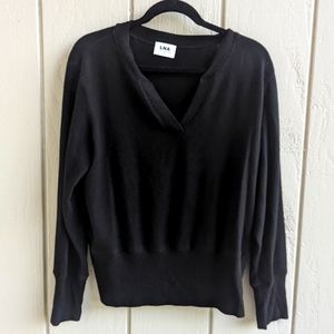 LNA Black Cut V Neck Ribbed Collar Cuff Hem Long Sleeve Pullover Sweater Large